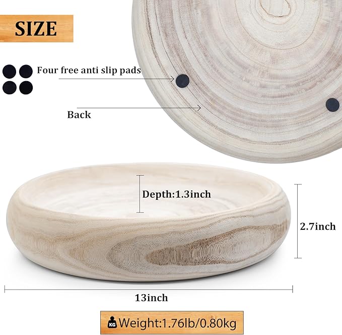 Wooden Decorative Bowls, 13 Inch Round Paulownia Wood Centerpiece Bowls for Home Decor, Natural Fruit Bowl for Coffee Table, Key Tray for Entryway Moss Holder (Wooden)