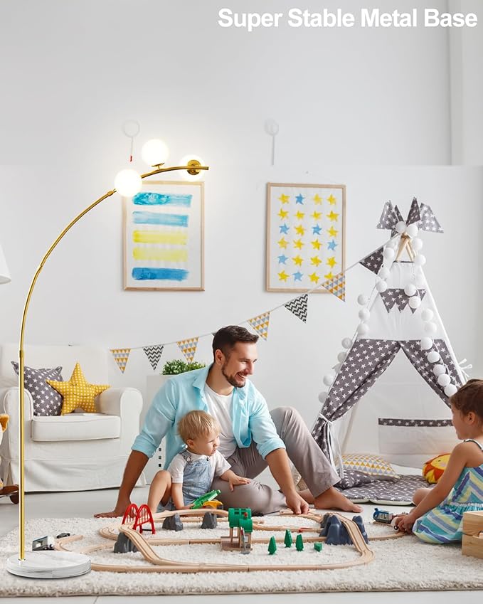 Lightdot 3 Globe Modern Floor Lamp for Living Room, Contemporary Gold Arc Floor Lamp with Shatterproof Shade and Bulbs Included,Mid Century Standing Lamp for Bedroom & Home Office