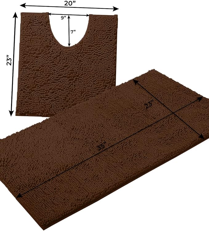 Bathroom Rugs Sets 2 Piece, Luxury Chenille Bath Mat Set, Soft Plush Anti-Slip Bath Rug + U-Shaped Toilet Mat. Microfiber Shaggy Carpet, Super Absorbent (24” x 36” & 20” x 24” U, Brown)
