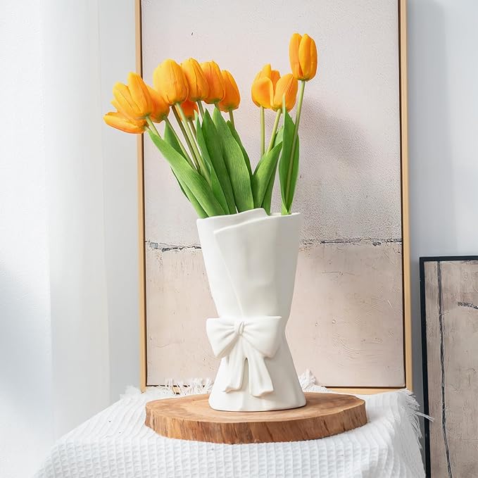 White Ceramic Bow Vase Unique Cute Decorative Bouquet Flower Vases 9.64 in