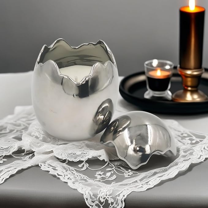 Easter Eggs Scented Candle,Natural Soy Wax, Creative Ceramic Eggshell, Aromatherapy Candle Gift Set, Candlestick Fragrance Gift Decoration (Silver)