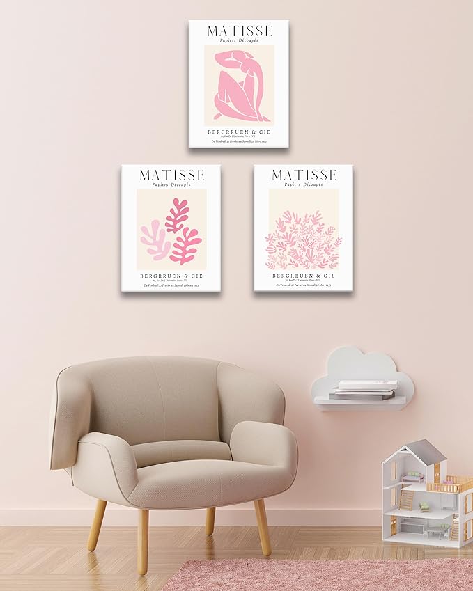 HesenDot Framed Matisse Pink Wall Art Set of 3,Minimalist Wall Decor,12x16IN Canvas Prints,Boho Cute Art Poster Home Decoration for Bathroom Bedroom