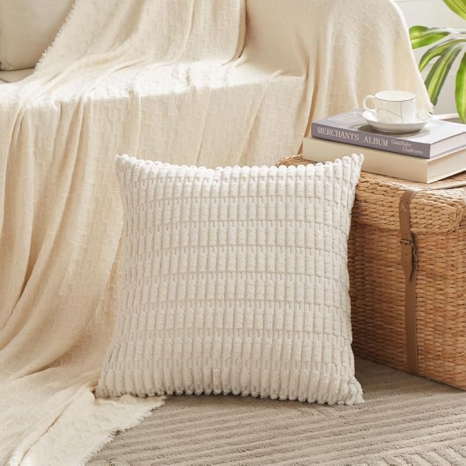 Fancy Homi 4 Packs Boho Fall Big Decorative Throw Pillow Covers 24x24 Inch for Living Room Couch Bed, Rustic Farmhouse Home Decor, Soft Plush Striped Corduroy Colorful Square Cushion Case 60x60 cm