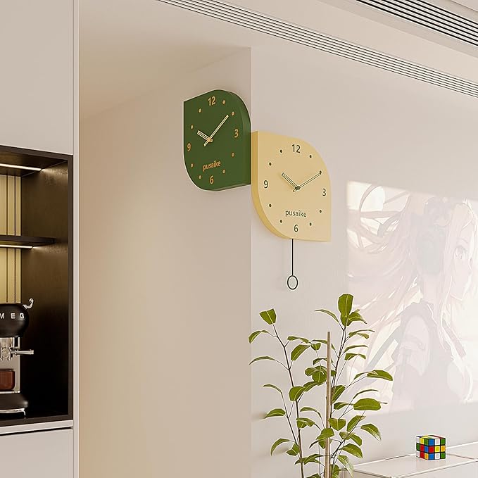 Wall Clock 11.8 Inch Double Sided - Modern Battery Operated Wall Clock with Pendulum, Unique Angle Corner Mounted Small Clock for Bedroom Living Room Office, Green Decorative Clock