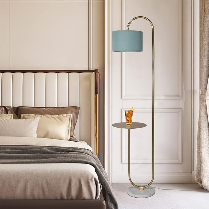 Hsyile KU300272 Arc Floor Lamp with Hanging Drum Shade for Living Room-Marble Base Modern Tall Stand Up Light with Table, Contemporary Over The Couch Gold Lamp Standing Lamps for Bedroom Office