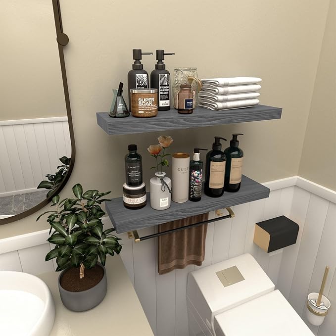 Floating Shelves for Wall- 17 Inch Natural Wood Shelves for Bathroom, Bedroom, Kitchen Decor, Farmhouse Decor Set of 2, Grey