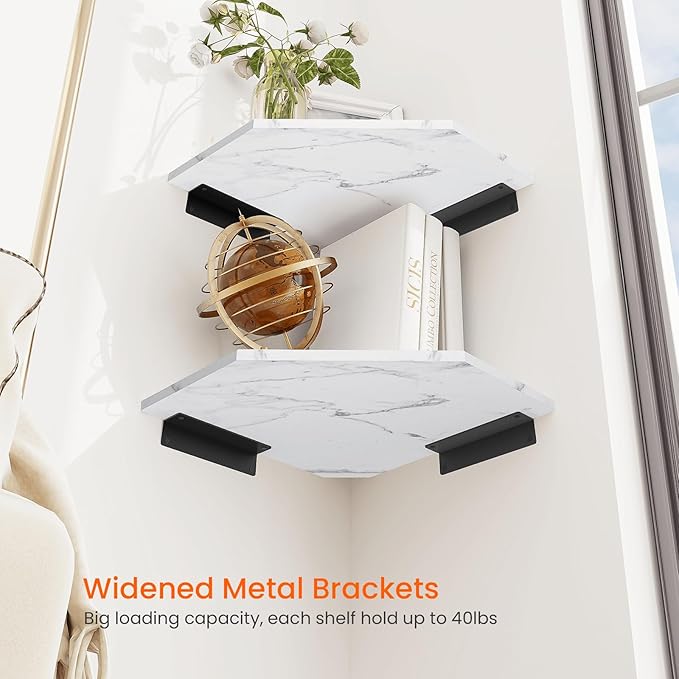 Homode Corner Wall Shelf, Set of 2 Floating Corner Shelves with Wire Hole, 2 Tier Wooden Hanging Display Shelf for Bathroom Bedroom Kitchen, White Marble