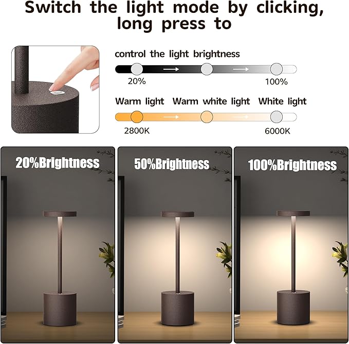 2Pack Cordless Table Lamp, Rechargeable LED Battery 5000mAh Metal USB Portable Powered Desk Lamp, 3 Levels Brightness Light for Restaurants Outdoor (2pack 10.25in ferrugino)