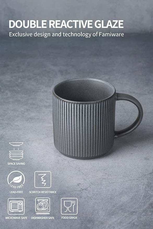 famiware Coffee Mug Set for 4, Star 12 oz Catering Mugs Cup Set with Handle for Coffee, Tea, Cocoa, Milk - Ceramic Stoneware Drinkware Set, Matte Dark Charcoal