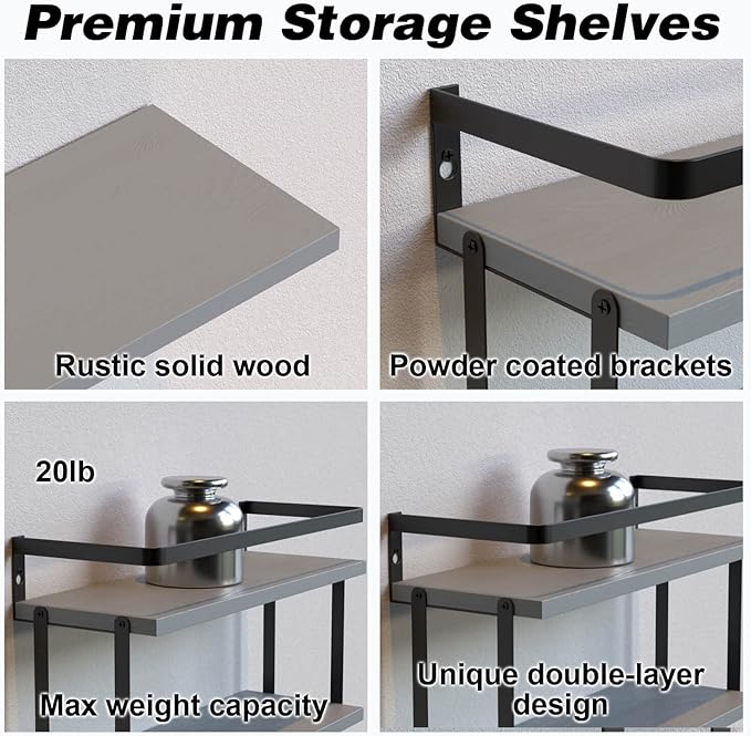 RICHER HOUSE 2+1 Tier Wall Mounted Floating Shelves Set of 2, Rustic Wood Wall Shelf with Metal Frame, Extra Storage Rack for Bathroom, Kitchen, Bedroom with Tissue Rack & Towel Bar - Grey