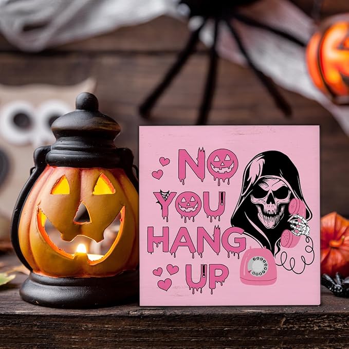 Halloween Decorations, No You Hang Up Wooden Sign Decor Desk Sign Funny Horror Ghost Wooden Block Sign Halloween Home Decor for Table Shelf 5 x 5 Inch