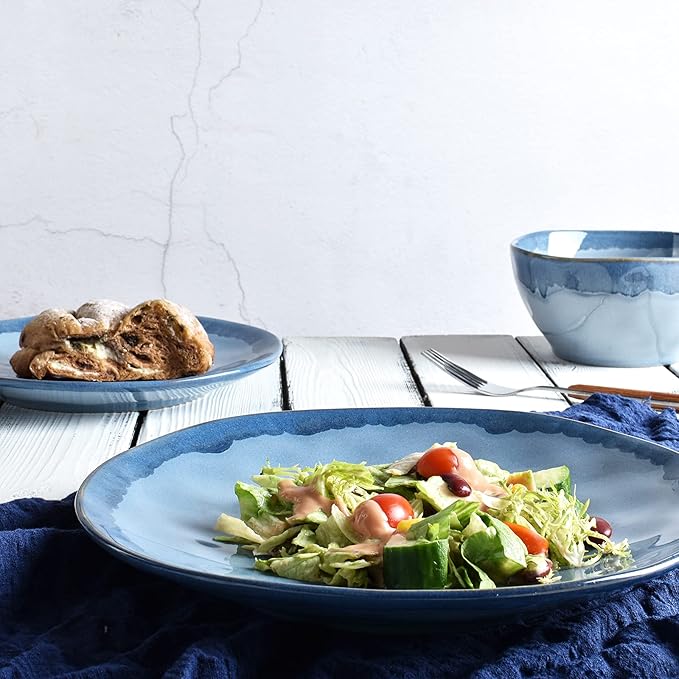 Bosmarlin Stoneware Dinnerware Set, Ceramic Bowls and Plates Set, Service for 4, 12 Piece, Microwave and Dishwasher Safe, Reactive Glaze (Light blue)