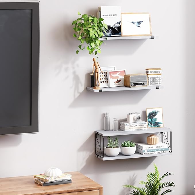 Fixwal 3+1 Tier Bathroom Floating Shelves Over Toilet, 15.8in Farmhouse Rustic Wood Shelves, Wall Decor for Bathroom, Living Room,Bedroom and Kitchen (Gray)
