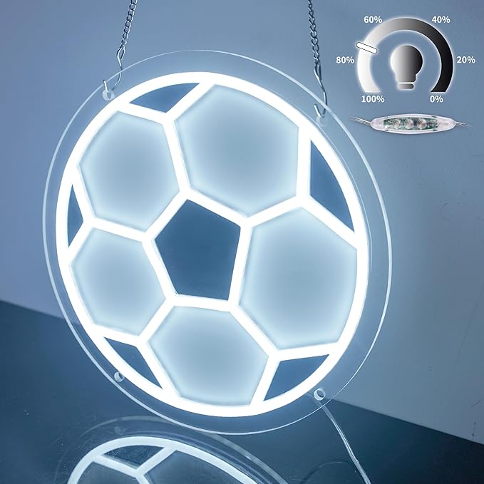 YSMNDE Soccer Neon Sign, Powered by USB Football Neon Sign for Wall Decor, Dimmable Soccer Shape LED Light for Boys Room, Birthday Party, Home Decor, College Gifts, 12'' X 12''