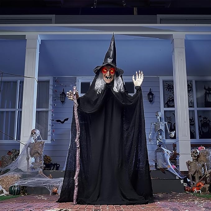 JOYIN 72" Outdoor Halloween Decorations Animatronics Witch with Cane, Life Size Animated Ghost Haunted House Prop Décor with Creepy Sound and Light-up Eyes, Party Supplies