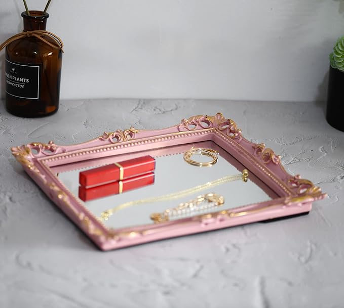 Funerom Vintage 11 x 9.5 inch Decorative Mirror, Wall Mounted & Tabletop Makeup Mirror ,Rectangle Mirror (Pink)