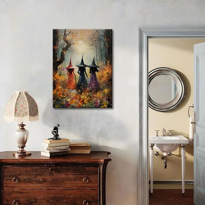 ILLBDR Halloween Vintage Witchy Wall Art Prints Creepy Gothic Dark Moody Pictures Decor Dark Academia Witches Victorian Painting Canvas Posters for Bedroom Bathroom 16x24 inch Framed