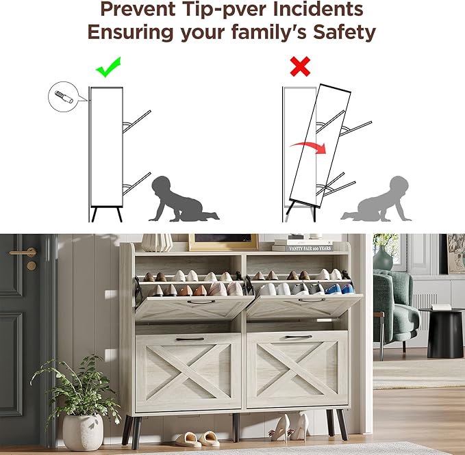 Maupvit Large Shoe Storage Cabinet with 4 Flip Drawers, Narrow Shoe Cabinet for Entryway with Wooden Legs, Freestanding Hidden Shoe Rack Organizer & Metal Hinges, Beige