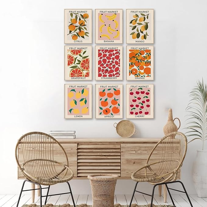 KBKBART Fruit Market Wall Art Print Set of 9, Abstract Colorful Posters, Prints Lemon Orange Banana Strawberry Mango Grapefruit Kitchen Gallery Decor, Canvas Paintings for Dining Room,