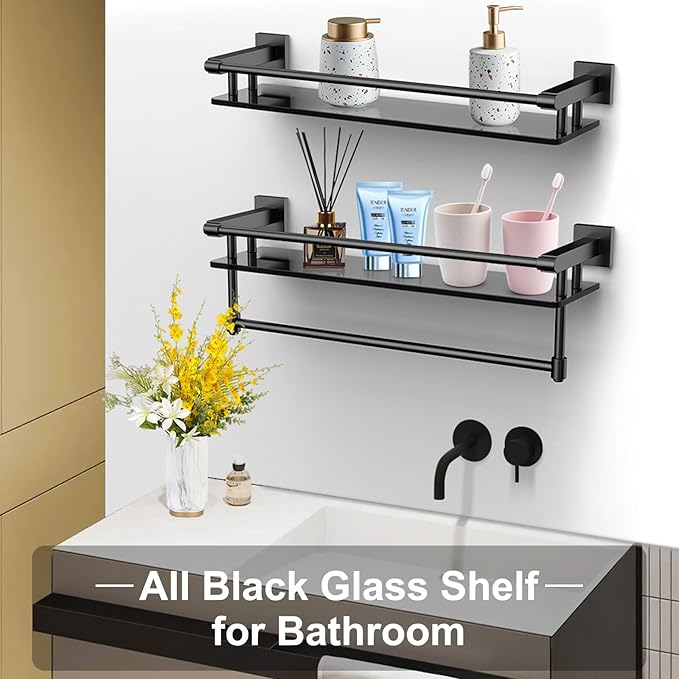 Glass Shelf for Bathroom 20 Inch Bathroom Shelves with Towel Bar Tempered Glass Shelves with Stainless Steel Towel Holder for Wall (All Matte Black)