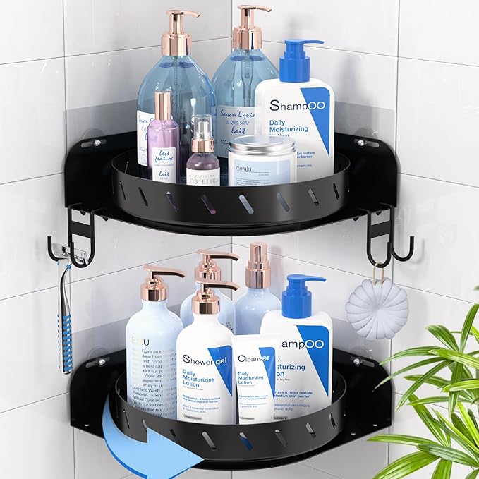 360°Rotating Corner Shower Caddy Shelf With 6 Hooks,2PACK Bathroom Shower Organizer Corner with 5Pcs Adhesive,Stainless Steel Corner Shower Racks for Inside Shower for Home Apartment Decor(Black)