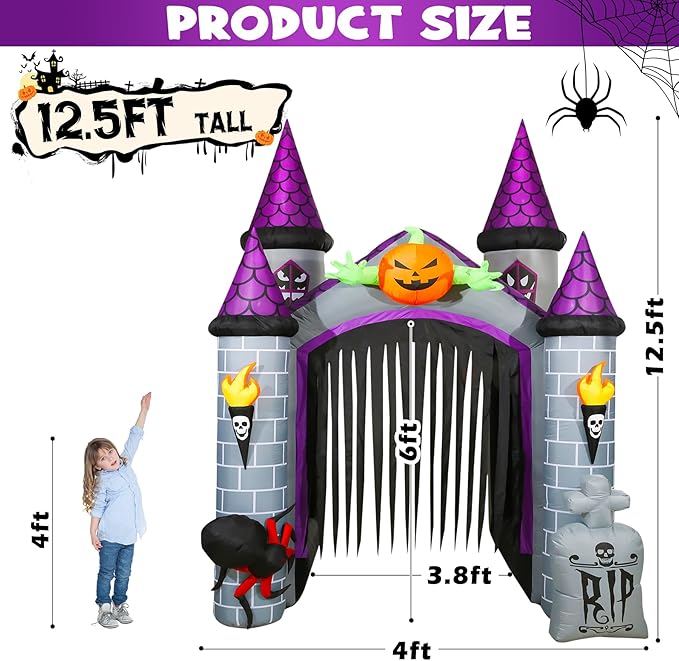 Outdoor Inflatable Halloween Decorations, Lighted 12 Ft Tall Huge Haunted House Archway, Halloween Inflatables with Built-in LED Lights for Patio, Yard or Walkway
