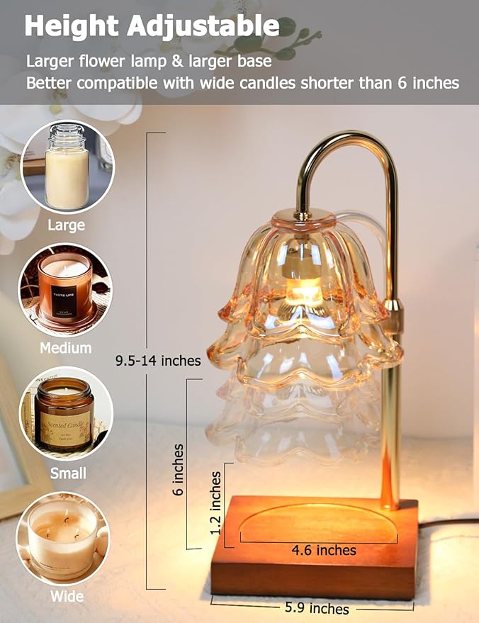 Candle Warmer Lamp with Timer Dimmer Height Adjustable Electric Candle Wax Melt Warmer, Large Flower Candle Lamp Warmer for Jar Candles with 2 Bulbs, Home Decor Birthday Gifts for Men Women