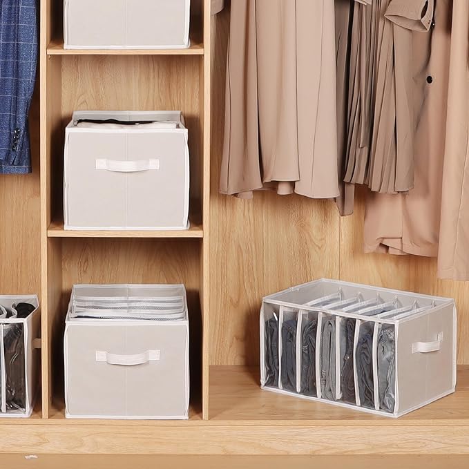 Zilink Upgraded Wardrobe Clothes Organizer with Support Board Clear Pants Organizer for Closet with 7 Grids Divider Extra Large Closet Drawer Organizer for Jean Pant Sweaters T-Shirt, 6 Pack, Beige