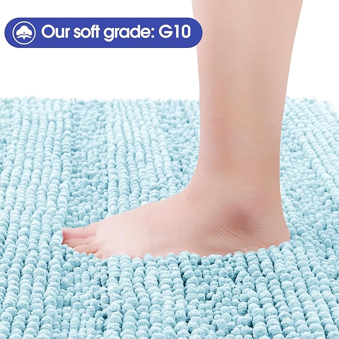 Striped Spa Blue Bathroom Rug Set 3 Pieces Ultra Soft, Non Slip Chenille Bath Carpet, Absorbent Plush Shaggy Bath Mats for Bathroom, Toilet, Bedroom, Kitchen