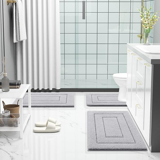 Buganda Bathroom Rugs, 47" x 24", Soft and Absorbent Microfiber Bath Rugs, Non-Slip Shaggy Shower Carpet, Machine Wash Dry Bath Mats for Bathroom Floor, Tub and Shower, Grey