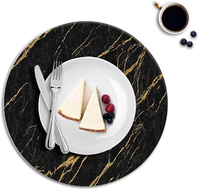 Round Leather Placemats Set of 4 PU Waterproof Non-Slip Washable Heat Resistant Place Mat for Kitchen Dining Table - Black Marble Gold Line