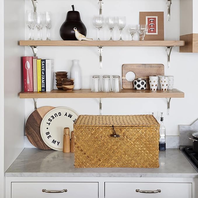 Hipiwe Wicker Shelf Baskets Bin with Lid, Handwoven Seagrass Basket Storage Bins Rectangular Household Basket Boxes for Shelf Wardrobe Home Organizer, Caramel Large