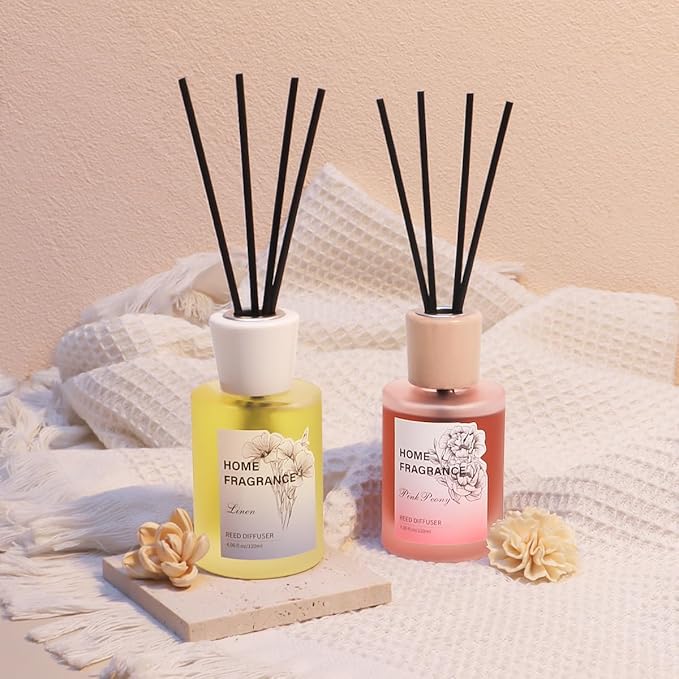 Reed Diffuser - Linen&Pink Peony 4.06oz (120ml) 2 Packs Essential Oil Reed Diffuser Set with 16 Sticks, Long Lasting Fragrance for Home, Bathroom, Bedroom, Room, Decor