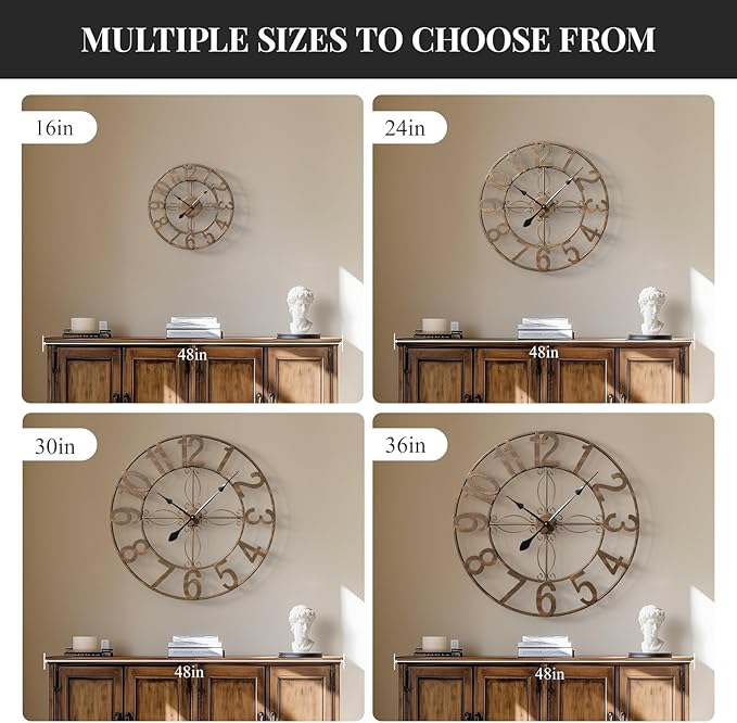 30 Inch Wall Clock, Large Decorative Wall Clock for Living Room, Silent Non-Ticking Battery Operated Metal Round Retro Rustic Arabic Numerals Analog Bronze Clock for Kitchen Mantel Office
