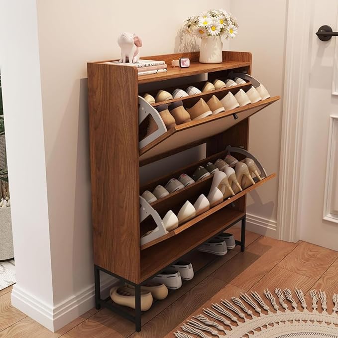 AVZEAR Narrow Shoe Storage Cabinet for Entryway with 2 Flip Drawers, Freestanding Shoe Cabinet with Natural Linen Panel, Slim Wood Shoe Organizer Closed Shoe Rack for Hallway, Foyer(Walnut)