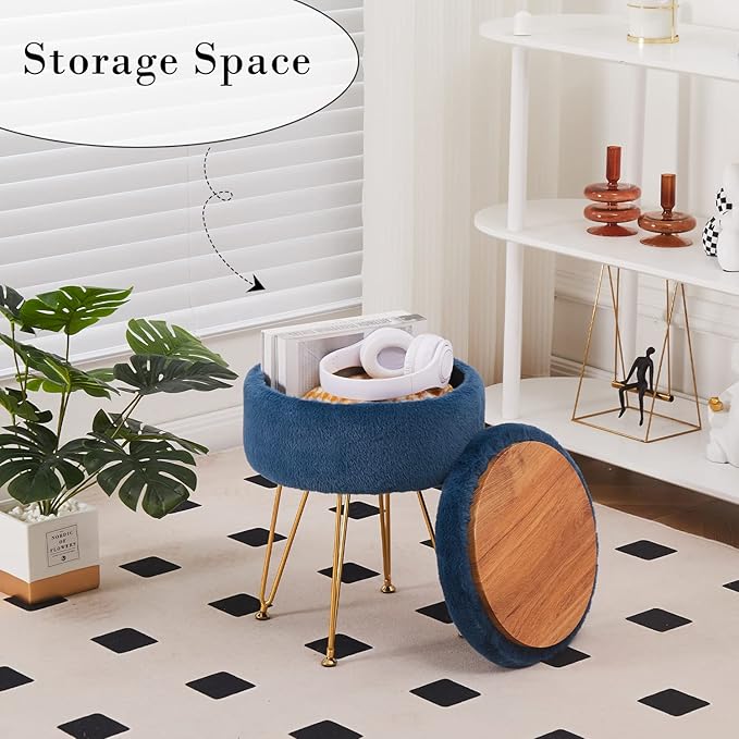 Cplxroc Footrest Footstools Round Faux Fur Ottoman with Storage Space Soft Vanity Chair Seat Coffee Table Ottoman Small Side Table Metal Legs with Adjustable Footings