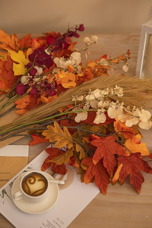 MISSPIN Thanksgiving Decorations - 9Pcs Fall Decor Artificial Flowers Orchid Maple Leaves Stems Set Fall Stems Faux Reed Maple Leaves for Wedding Bouquet Table Centerpieces Autumn