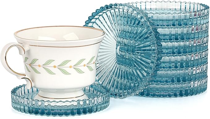 Modern Clear Coaster Set of 8- Glass Coasters for Drinks Crystal Coasters Round Cup Coasters Coffee Table Decor for Office, Kitchen, Bar, Dining Room, Living Room, Patio(Clear Blue)