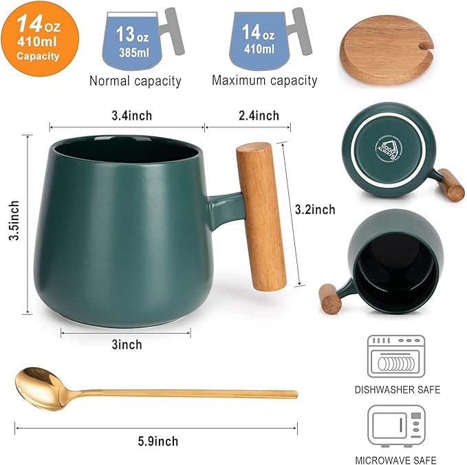 Ceramic Coffee Mug, Tea Cup for Office and Home, 14 Oz Coffee Cup with Lid and Spoon, Birthday Gifts, House Warming Presents for New Home, 1 Pack (Dark Green)