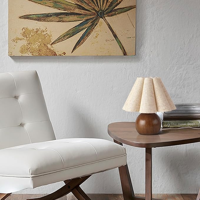 Farmhouse Cute Table Lamp for Bedroom & Living Room - Wood Grain, Vintage Style with Scalloped Shade