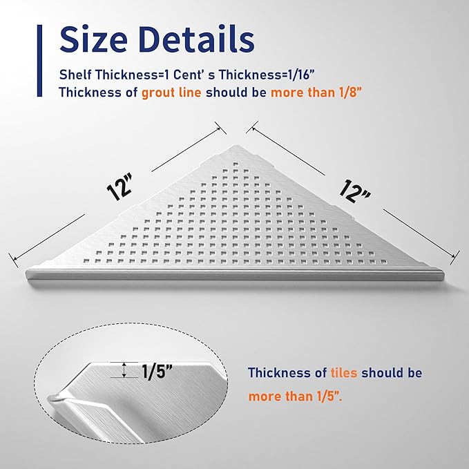 Corner Shower Shelves, 12" Brushed 304 Stainless Steel Recessed Shelf for Bathroom, Grout in Shelf for Tiled Wall, 2 Pack Large Size, No Drilling Needed