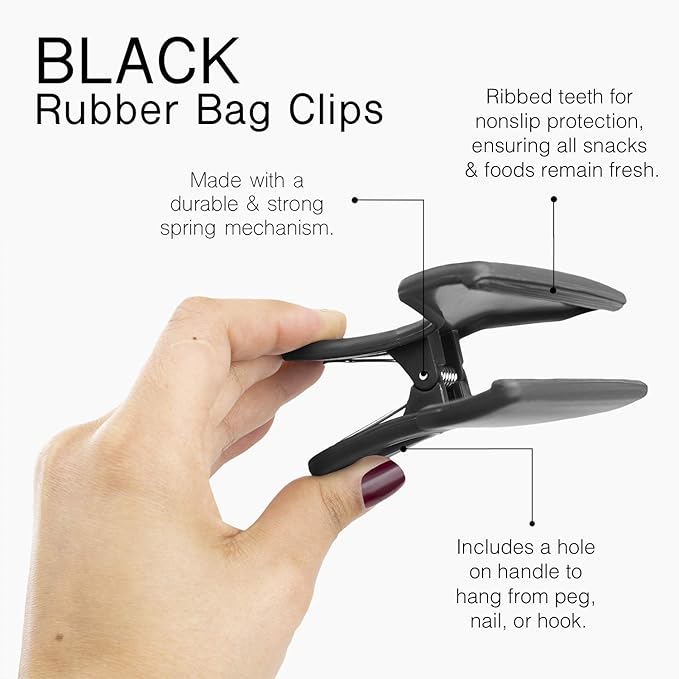 COOK WITH COLOR Wide Heavy Duty Chip Clips - Large Bag Clips for Food Storage with Air Tight Seal Grip, Pack of 8, Black