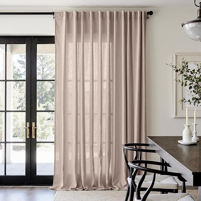 jinchan Taupe Linen Blend Curtain 120 inch Extra Long 1 Panel Extra Long for Sliding Door, Light Filtering 100 inch Extra Wide Patio Door Drape with Rod Pocket Back Tab(100W x 120L, Taupe)