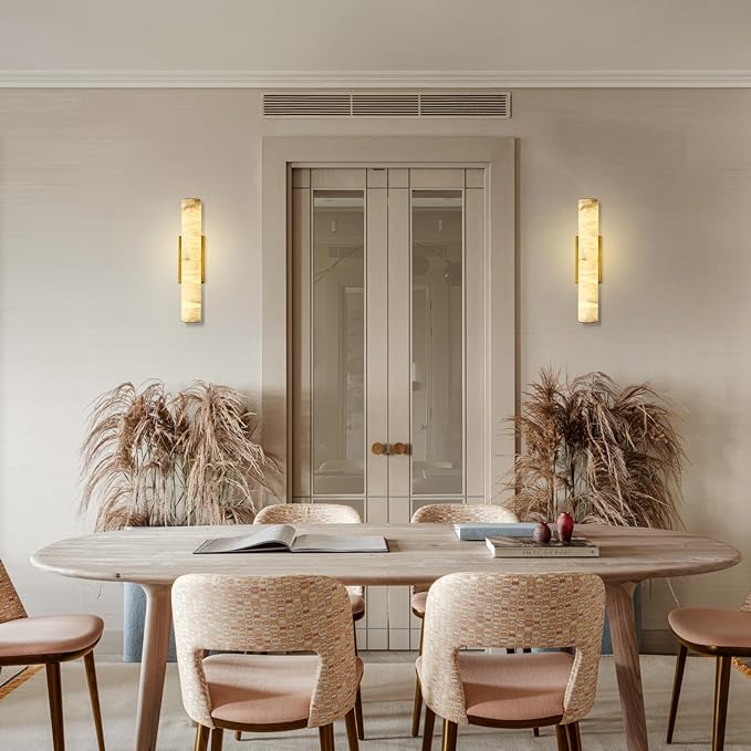 Brass Alabaster Wall Sconces, 20" Natural Marble Wall Sconce, Hardwired Gold Wall Sconces Indoor, Stone Wall Sconce Dimmable, Alabaster Wall Lamp for Living Room, Bathroom, Bedroom, Hallway-Upgraded