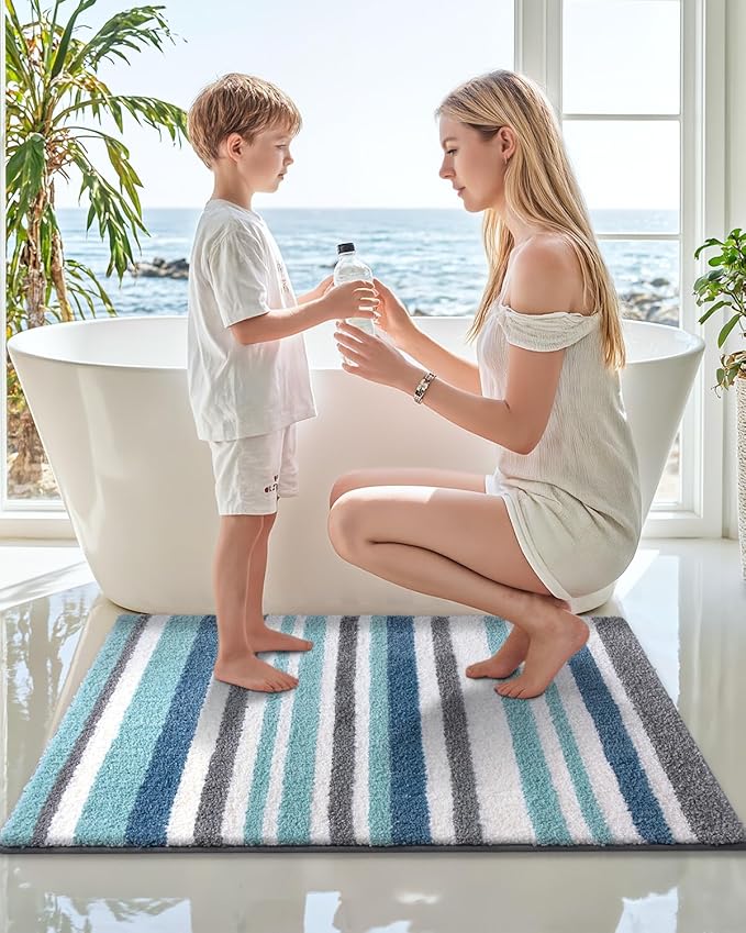 LUMI Striped Bath Rugs, Extra Soft and Absorbent Microfiber Bath Mat, Machine Wash Non-Slip for Bathtub or Bathroom Floor, 24"x43", Blue