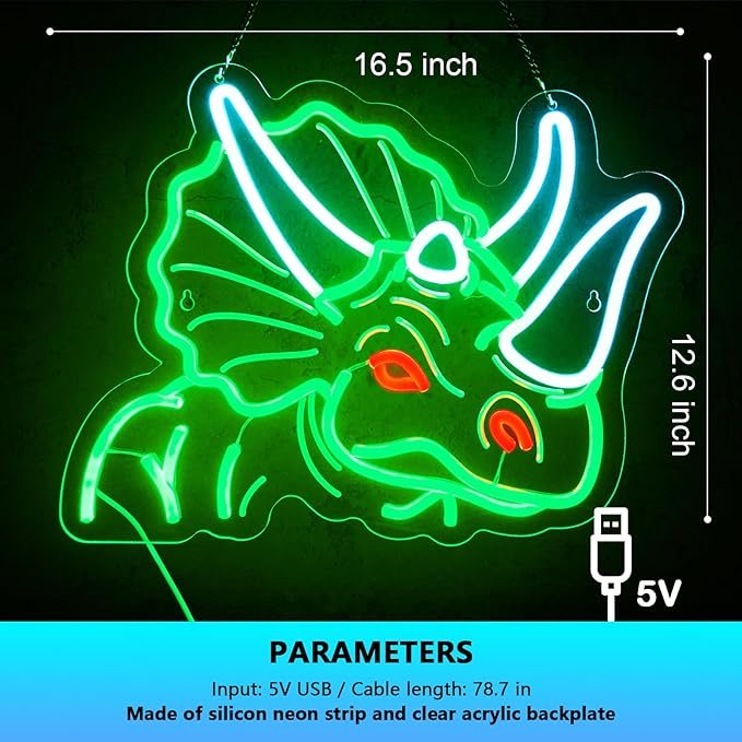 Dinosaur Neon Sign Triceratops Neon Sign for Wall Decor Dino USB Dimmable Neon Light Sign for Boys Girls Room Gameroom Holiday Birthday Christmas Gift