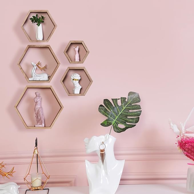 Hexagon Shelves for Wall,Hexagon Floating Shelf Set of 5,Honeycomb Shelves Octagon Hanging Cube Rustic Wood Wall Mounted for Living Room Bedroom Kitchen Bathroom Office Home Decor(Carbonized Brown)