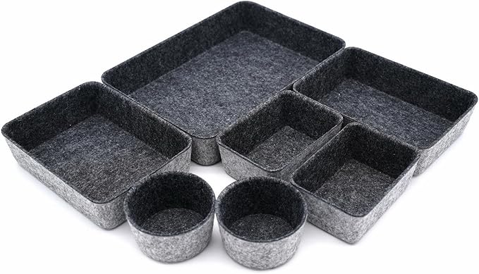 Welaxy Drawer organizer felt trays desk storage bins dividers small drawers organizing box for office supplies interior cozy decor catchall entryway key holder 7-piece back to school (Charcoal)