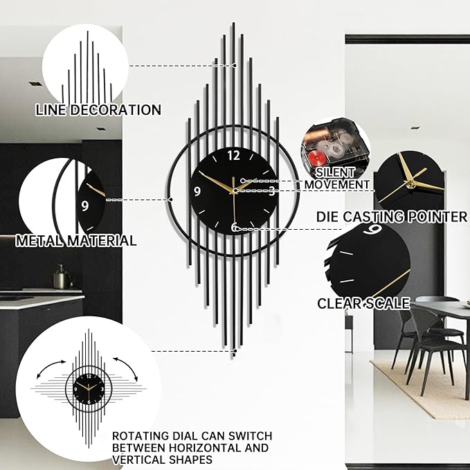 Wall Clock,Decorative Wall Clocks with Silent Quality Quartz Clock Battery Operated,Large Wall Clock for Living Room,Kitchen,Home,Bathroom,Bedroom Wall Decor,11.8x29.5inch,Black