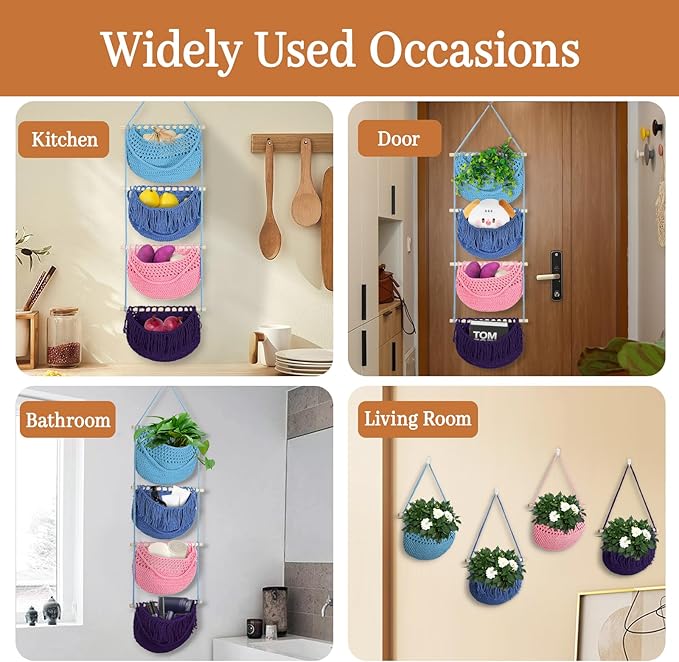 4 Tier Hanging Fruit Basket for Kitchen, 4 Pack Detachable Cotton Crocheted Wall Hanging Basket Over Door Organizer for Fruit Veggie Plant, Hanging Shelves for Bedroom Bathroom (Mixed Color)